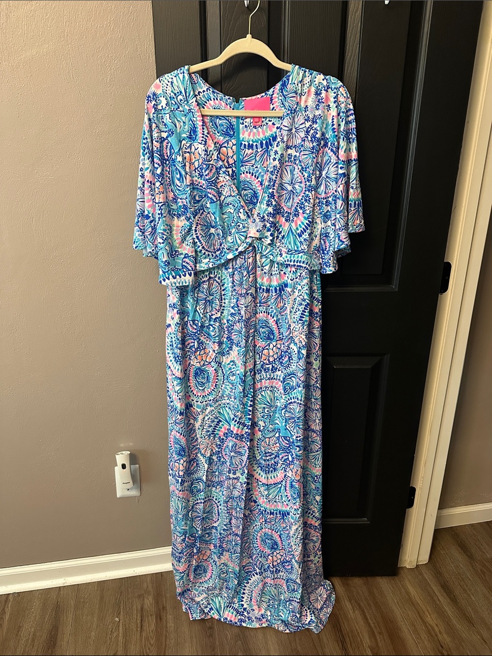Lilly Pulitzer Blue & Pink Floral Maxi Dress with Flutter Sleeve